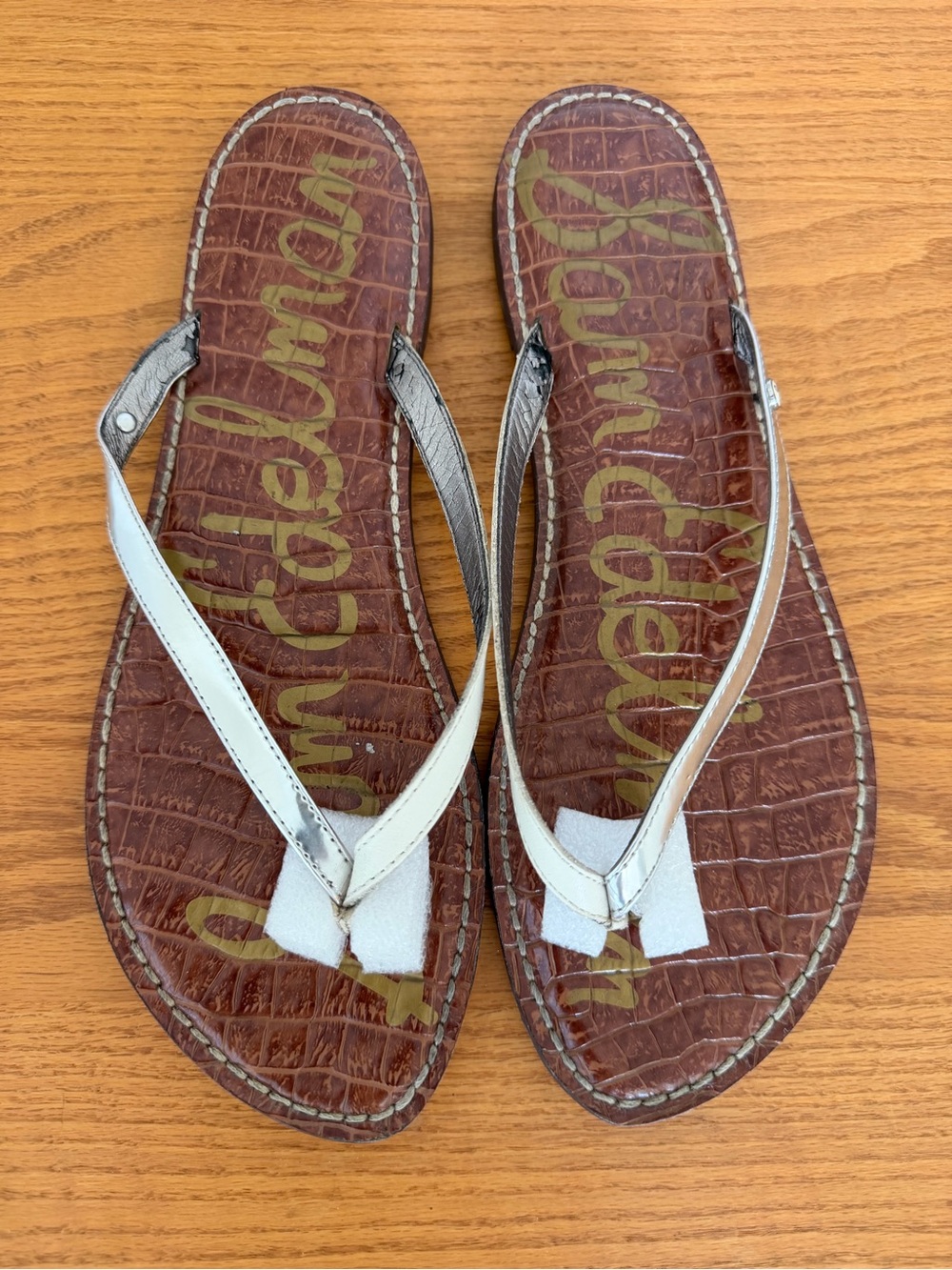 Sam Edelman White and Silver Thong Sandals with Croc-Embossed Footbed